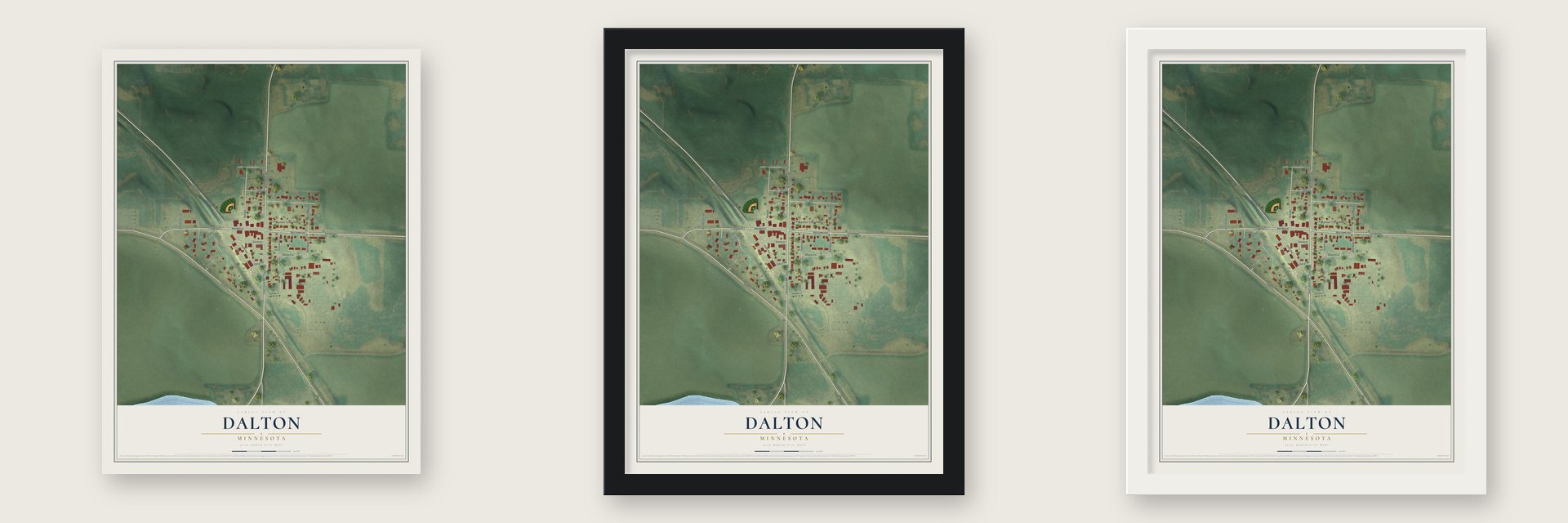 Dalton, Minnesota map unframed, in a black wood frame and in a white wood frame