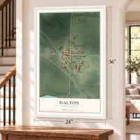 Dalton, Minnesota map, 24 x 36 inch print in a white frame by a staircase