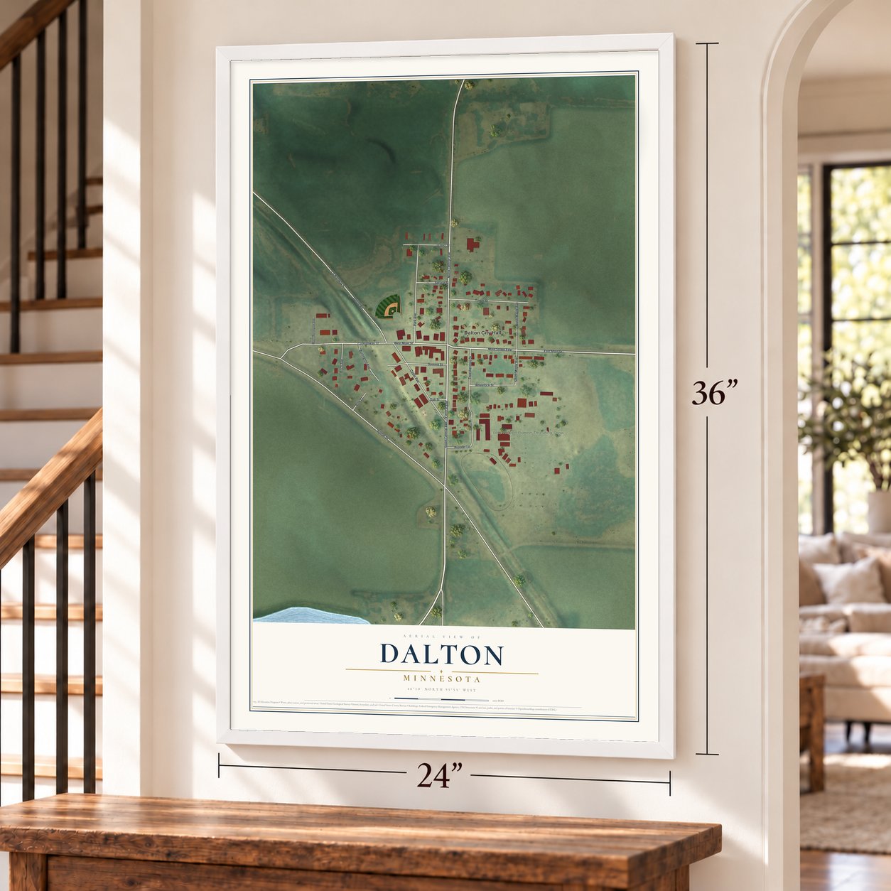 Dalton, Minnesota map, 24 x 36 inch print in a white frame by a staircase