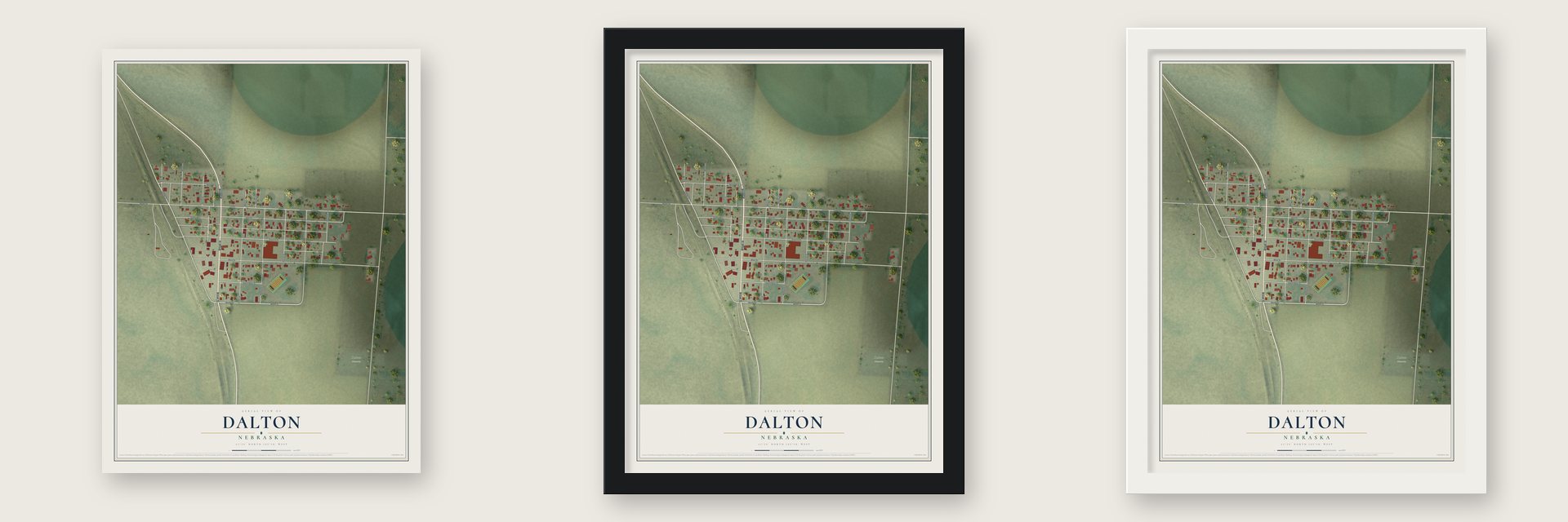 Dalton, Nebraska map unframed, in a black wood frame and in a white wood frame