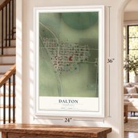 Dalton, Nebraska map, 24 x 36 inch print in a white frame by a staircase