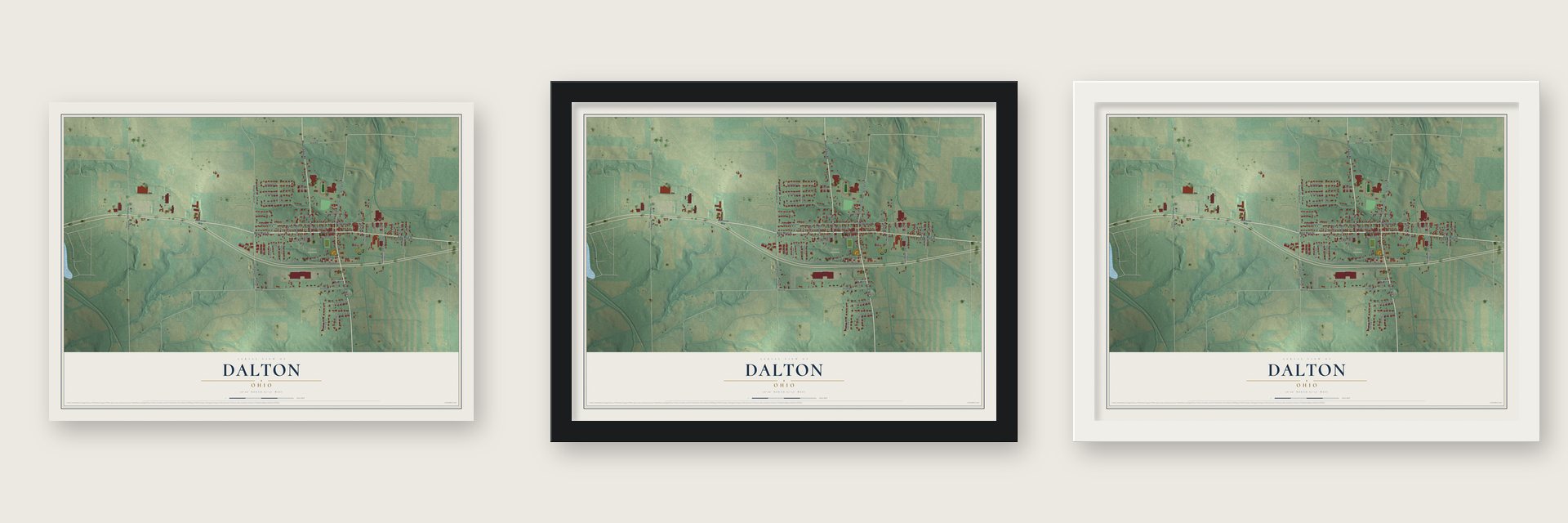 Dalton, Ohio map unframed, in a black wood frame and in a white wood frame