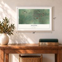 Dalton, Ohio map, 12 x 18 inch print in a white frame in an entryway