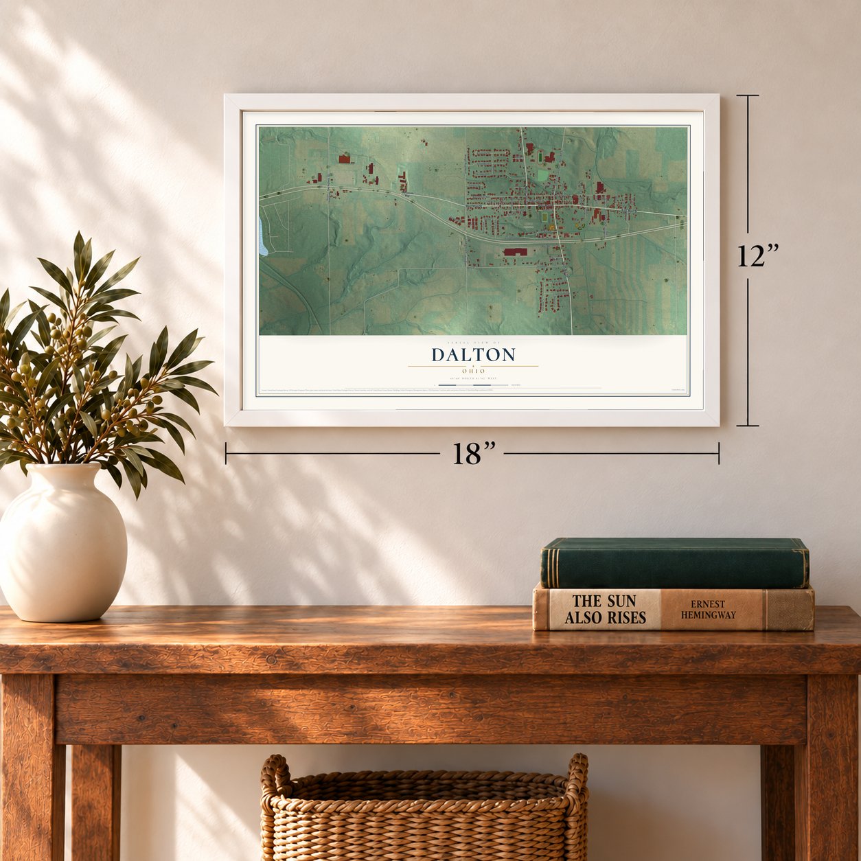 Dalton, Ohio map, 12 x 18 inch print in a white frame in an entryway