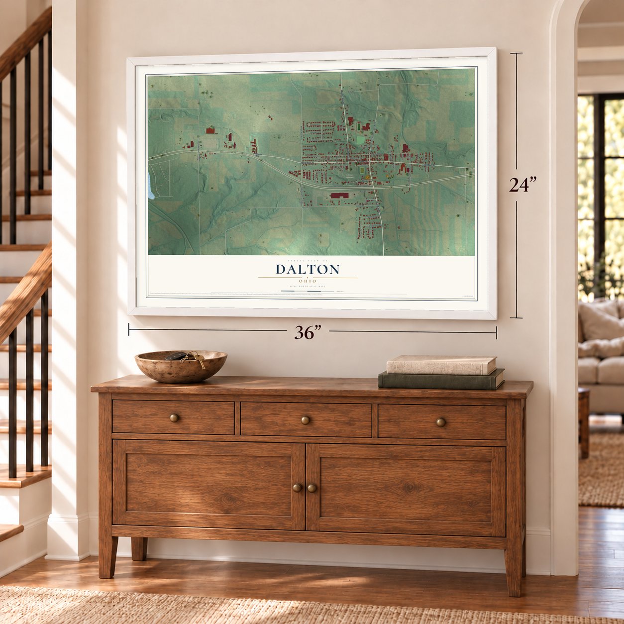 Dalton, Ohio map, 24 x 36 inch print in a white frame above a dresser by a staircase