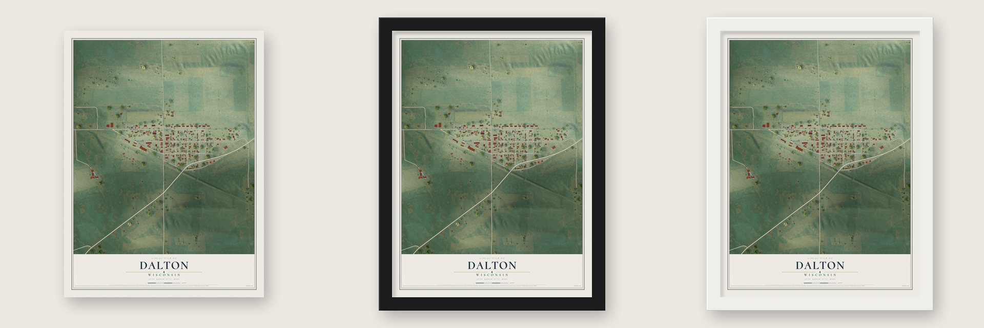 Dalton, Wisconsin map unframed, in a black wood frame and in a white wood frame