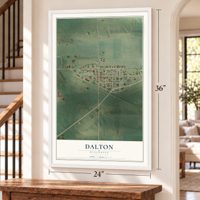 Dalton, Wisconsin map, 24 x 36 inch print in a white frame by a staircase
