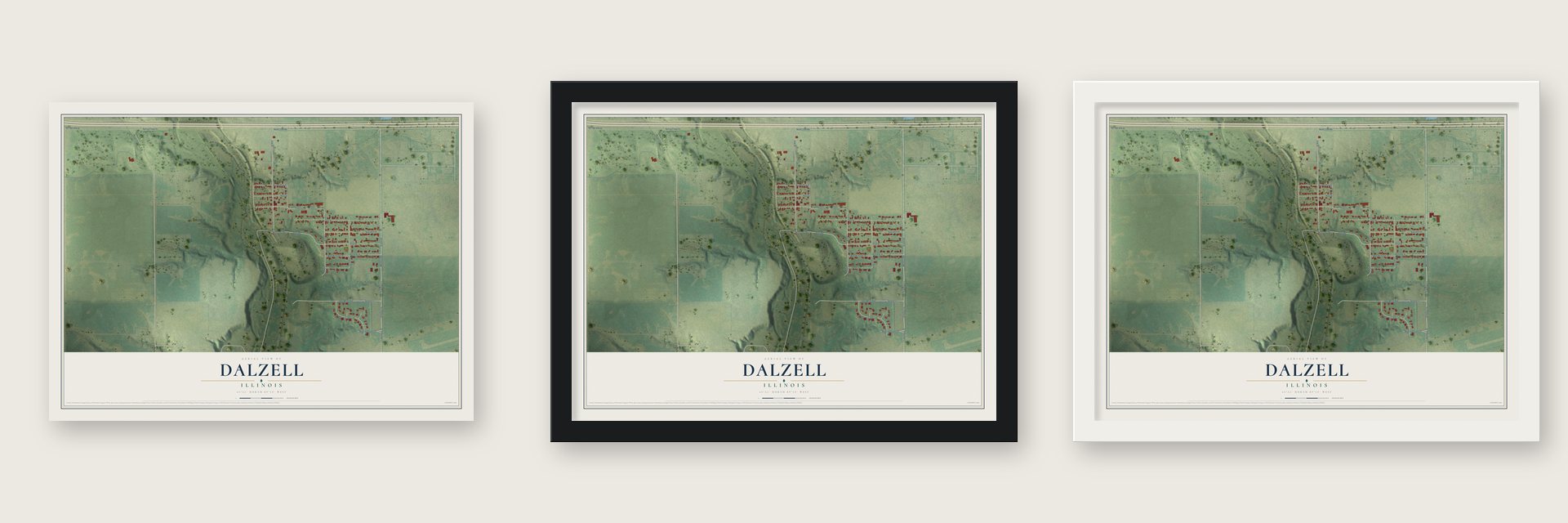 Dalzell, Illinois map unframed, in a black wood frame and in a white wood frame