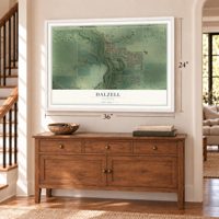 Dalzell, Illinois map, 24 x 36 inch print in a white frame above a dresser by a staircase