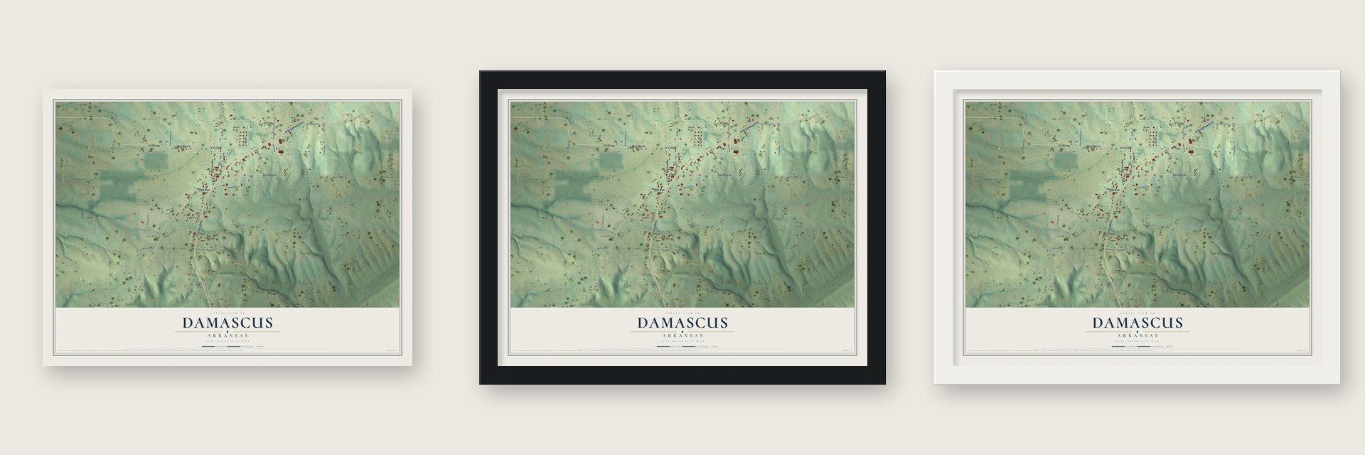 Damascus, Arkansas map unframed, in a black wood frame and in a white wood frame