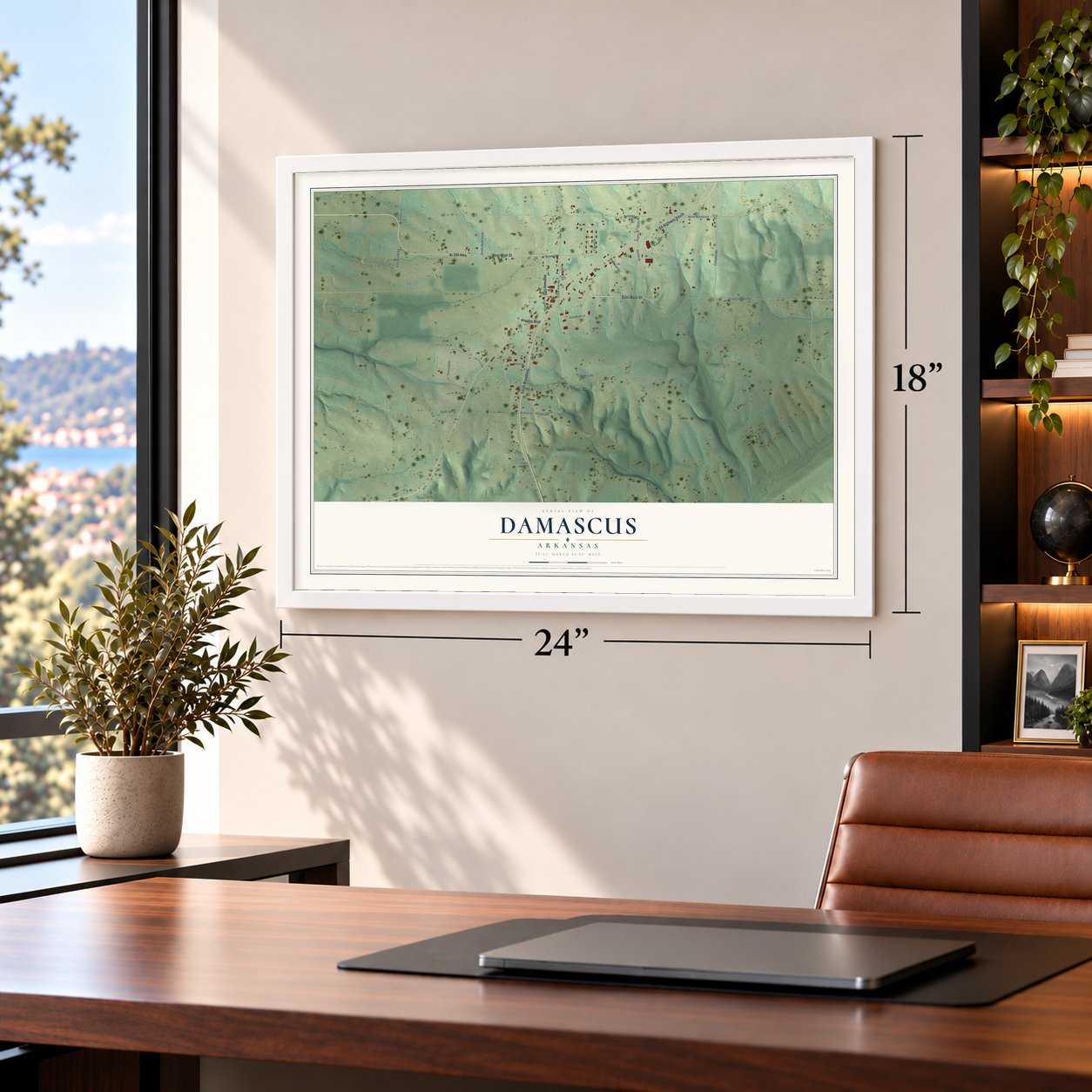 Damascus, Arkansas map, 18 x 24 inch print in a white frame in a home office
