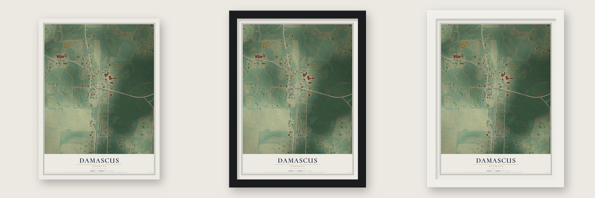 Damascus, Georgia map unframed, in a black wood frame and in a white wood frame