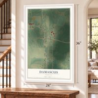 Damascus, Georgia map, 24 x 36 inch print in a white frame by a staircase
