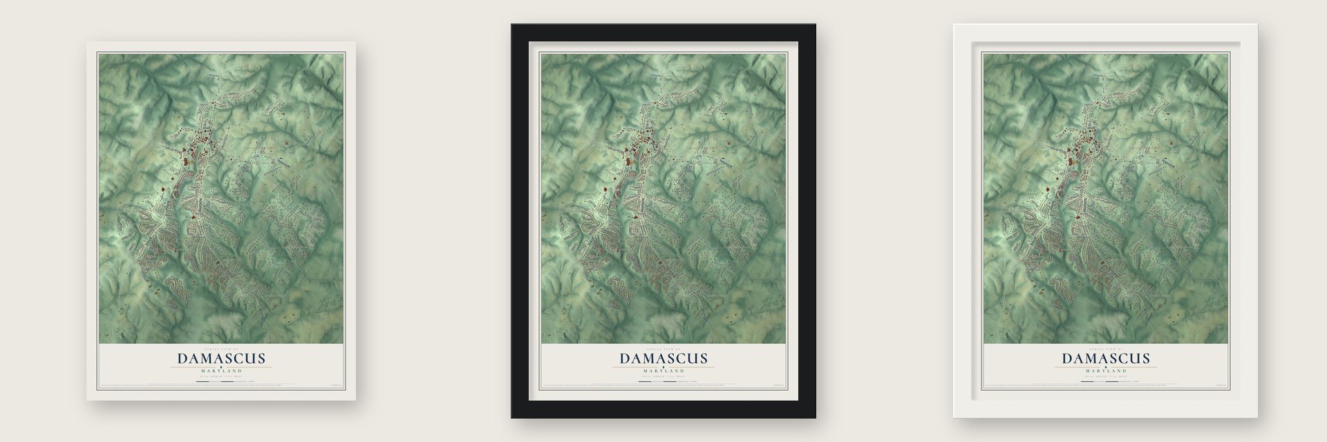 Damascus, Maryland map unframed, in a black wood frame and in a white wood frame