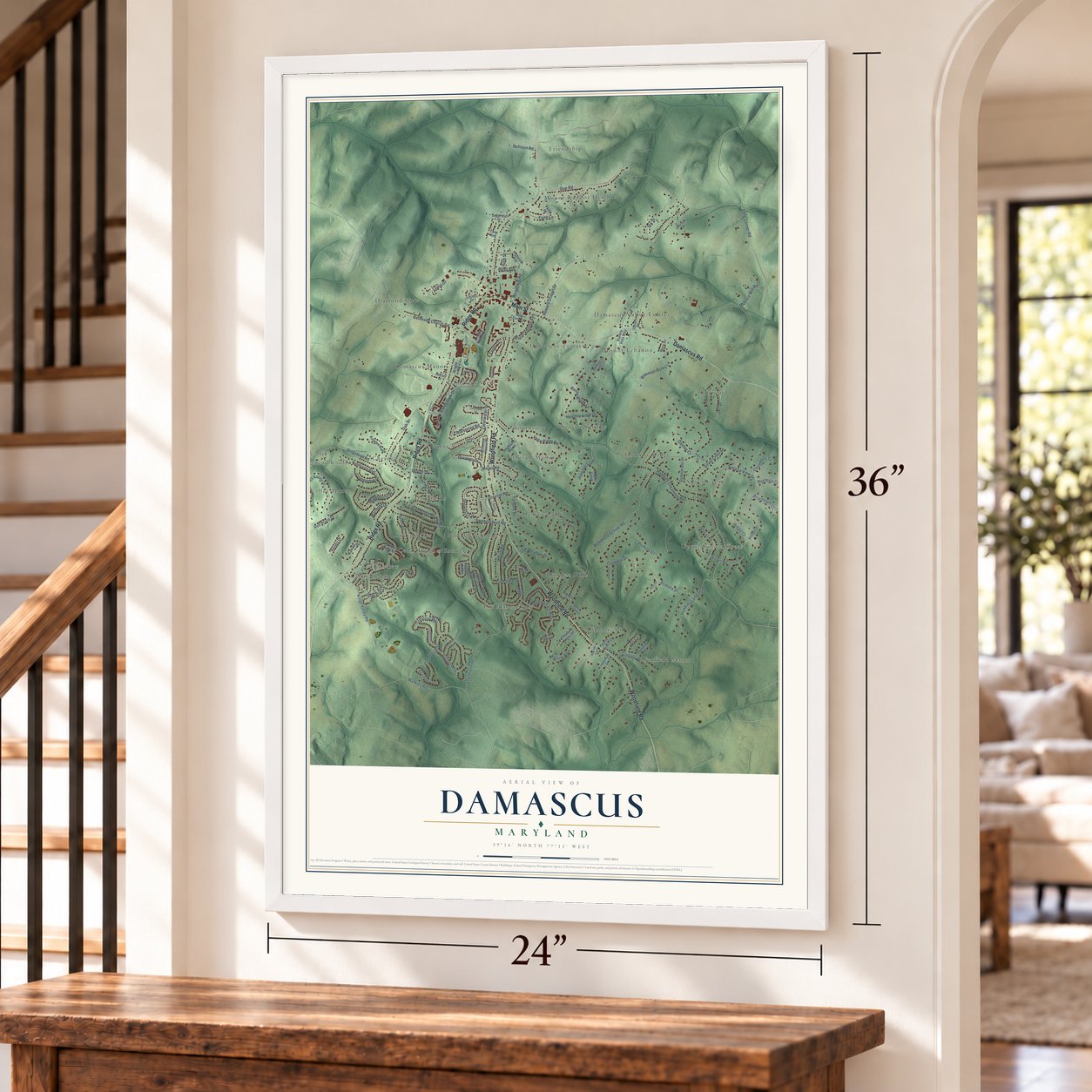 Damascus, Maryland map, 24 x 36 inch print in a white frame by a staircase