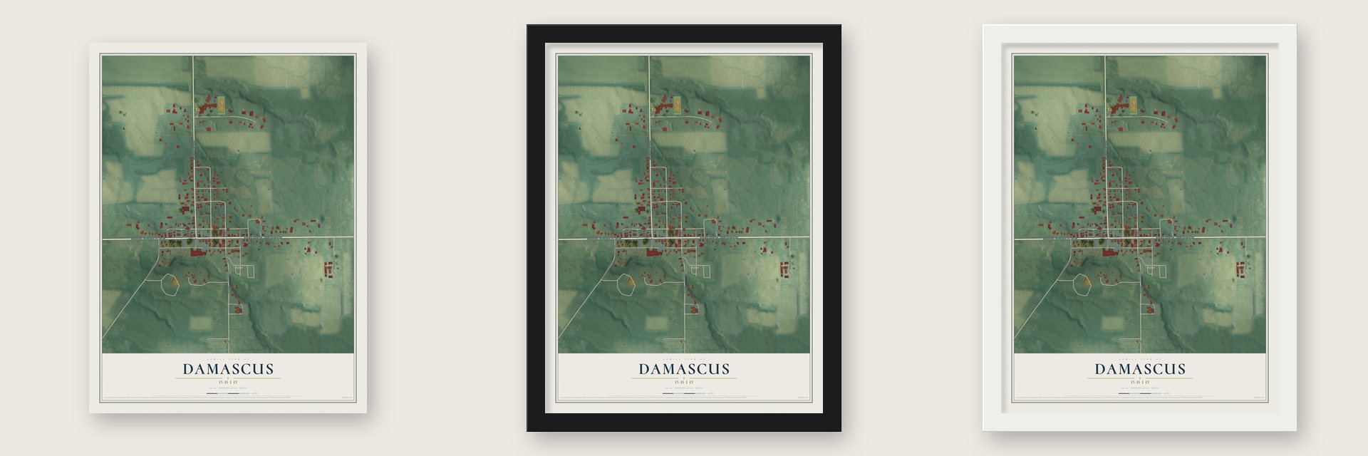 Damascus, Ohio map unframed, in a black wood frame and in a white wood frame