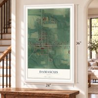 Damascus, Ohio map, 24 x 36 inch print in a white frame by a staircase