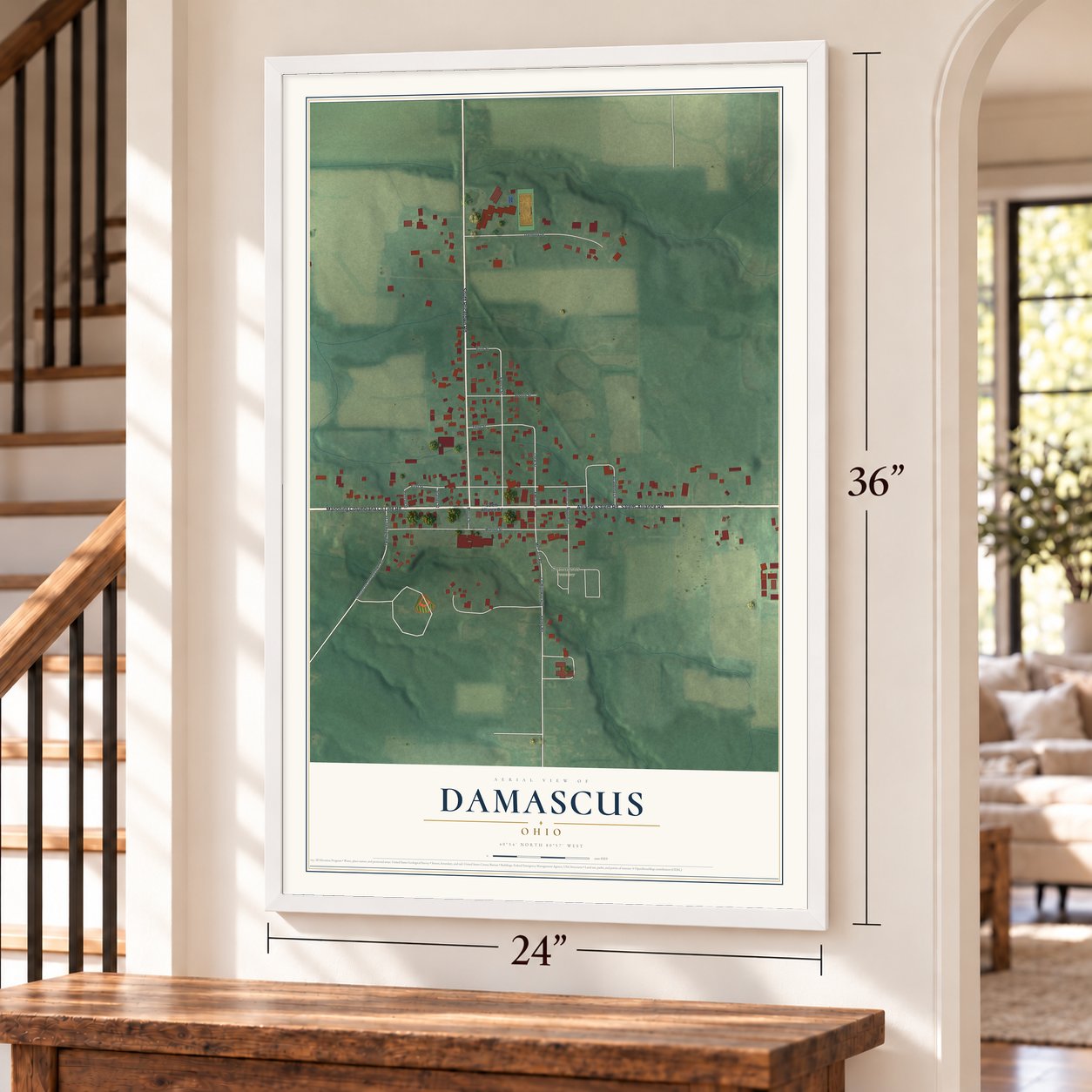 Damascus, Ohio map, 24 x 36 inch print in a white frame by a staircase