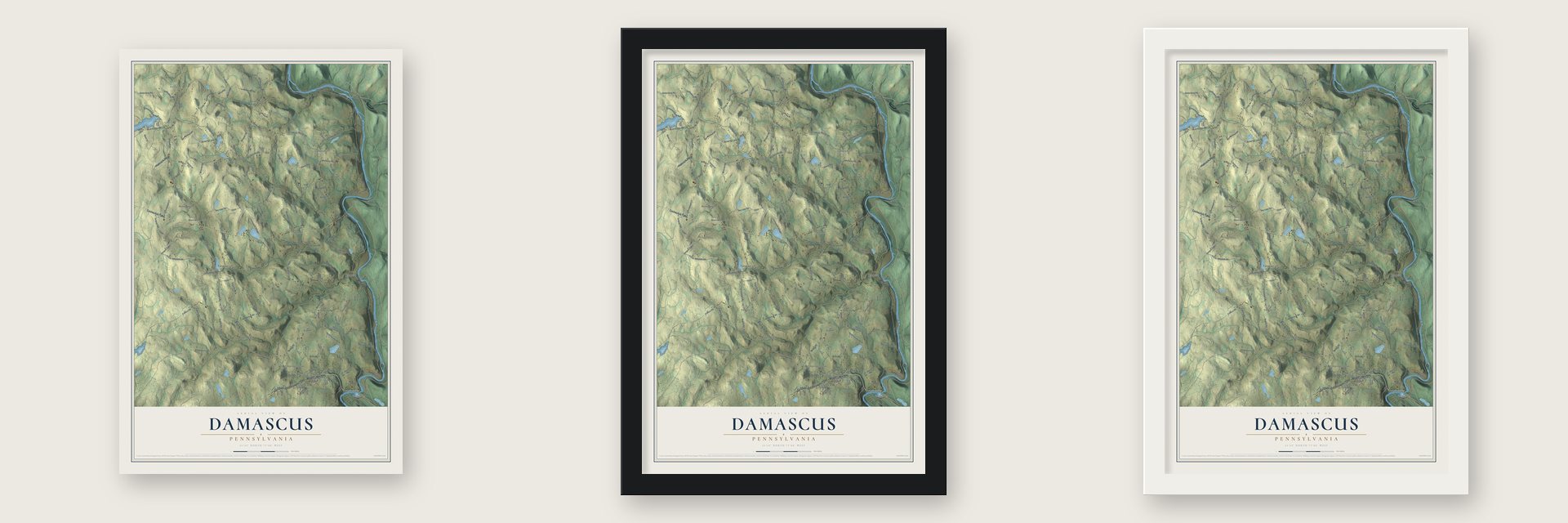 Damascus, Pennsylvania map unframed, in a black wood frame and in a white wood frame