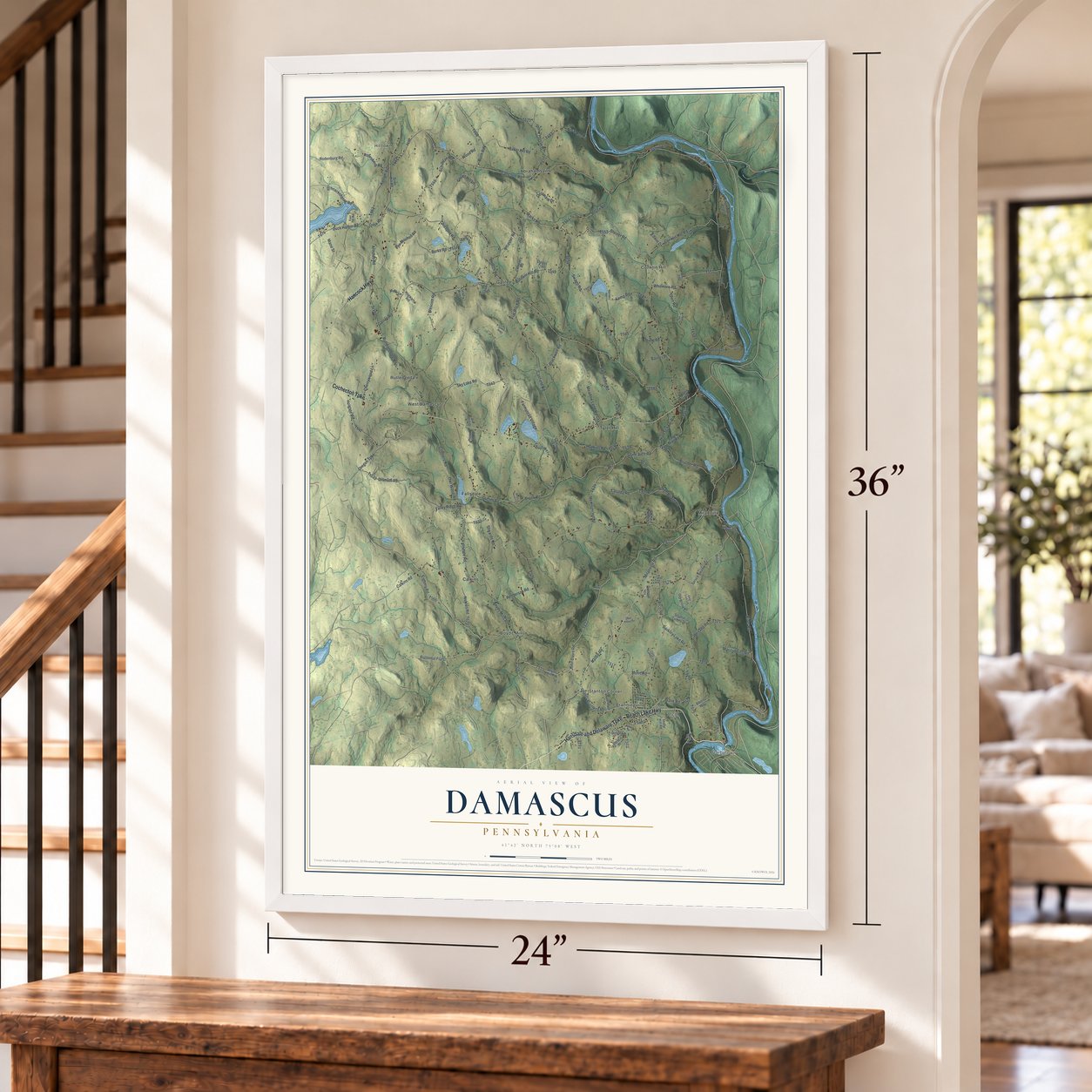 Damascus, Pennsylvania map, 24 x 36 inch print in a white frame by a staircase