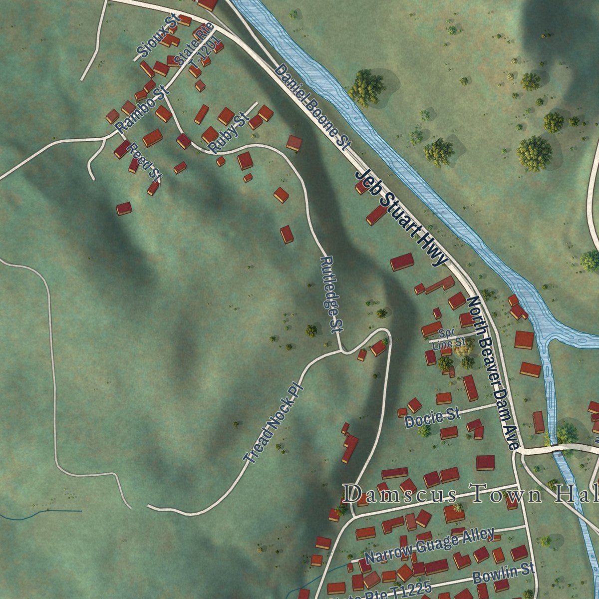 Second close-up of the map of Damascus, Virginia print showing more streets and buildings