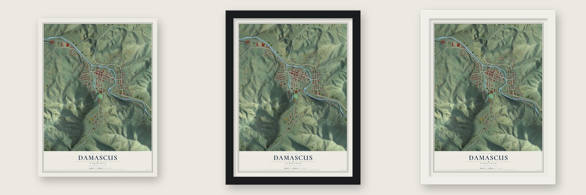 Damascus, Virginia map unframed, in a black wood frame and in a white wood frame