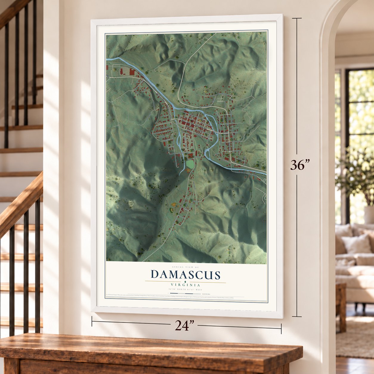 Damascus, Virginia map, 24 x 36 inch print in a white frame by a staircase