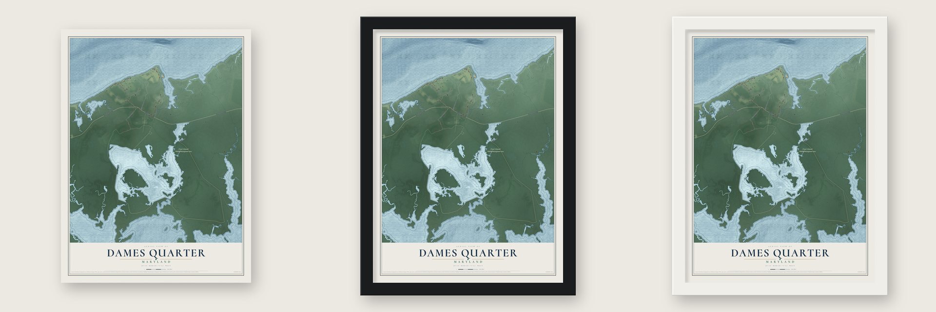 Dames Quarter, Maryland map unframed, in a black wood frame and in a white wood frame