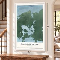 Dames Quarter, Maryland map, 24 x 36 inch print in a white frame by a staircase