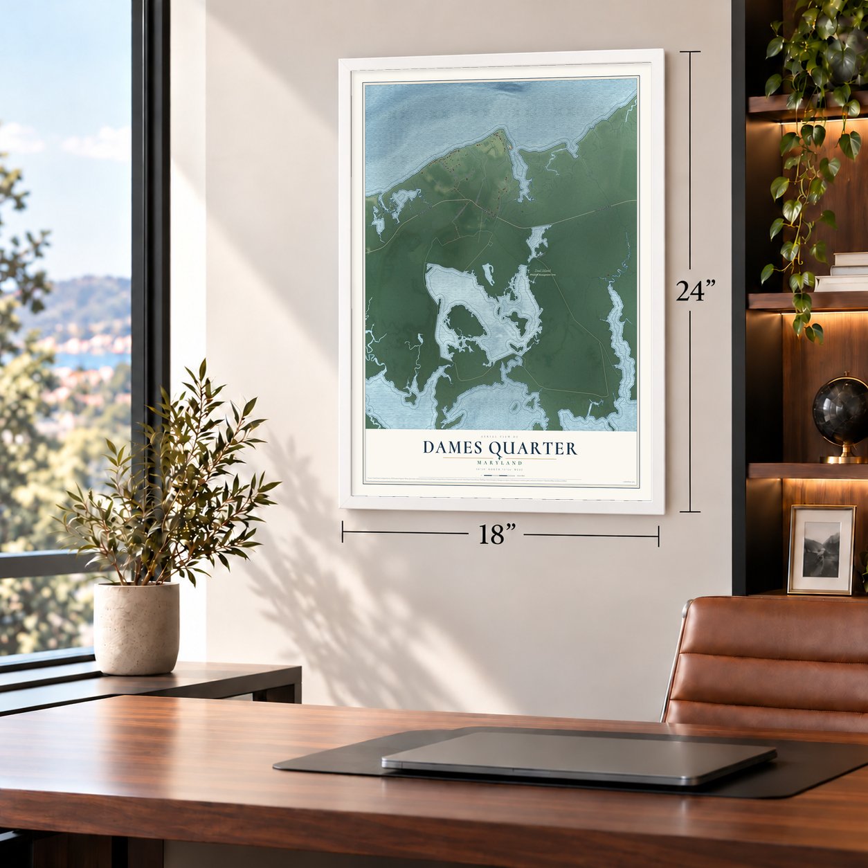 Dames Quarter, Maryland map, 18 x 24 inch print in a white frame in a home office