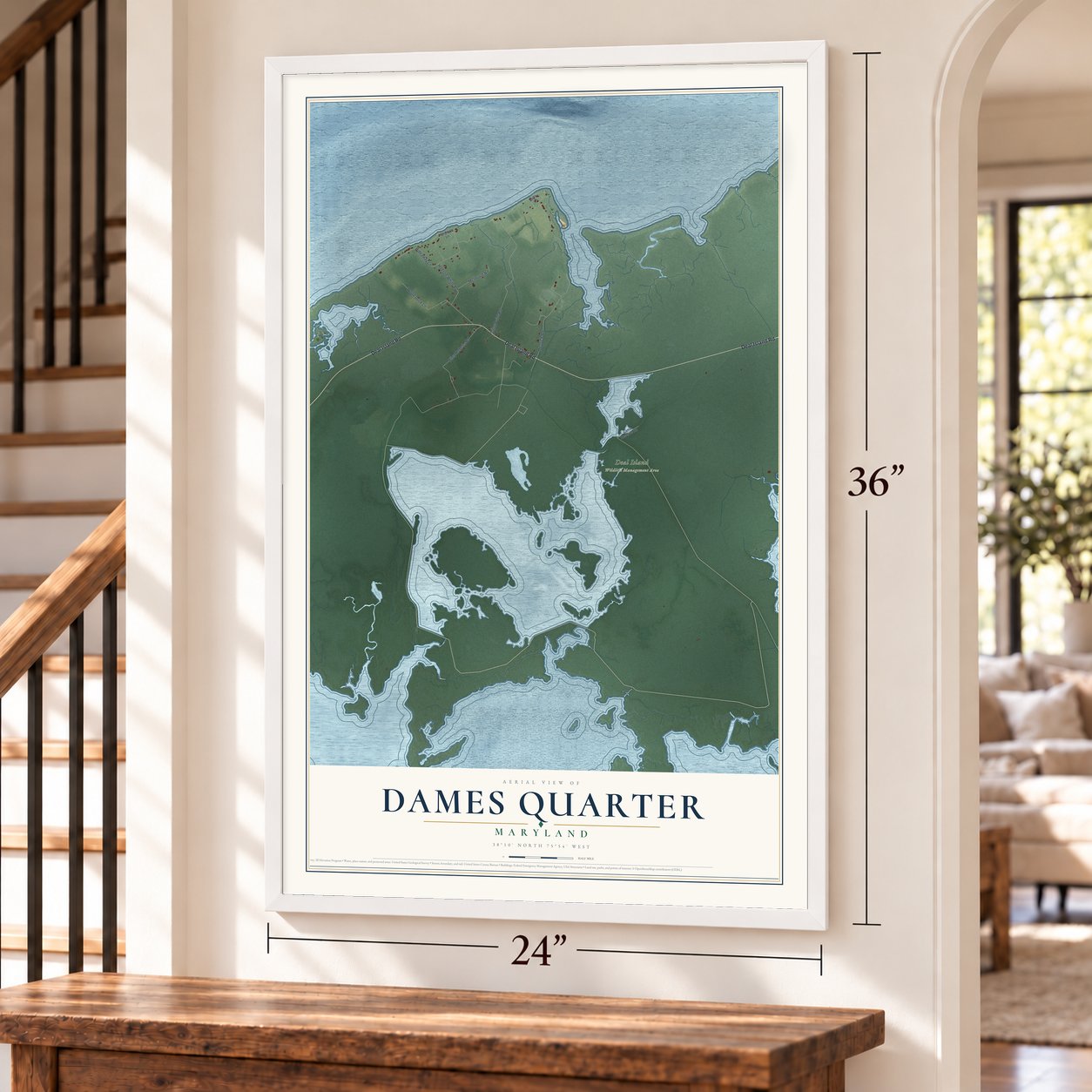 Dames Quarter, Maryland map, 24 x 36 inch print in a white frame by a staircase