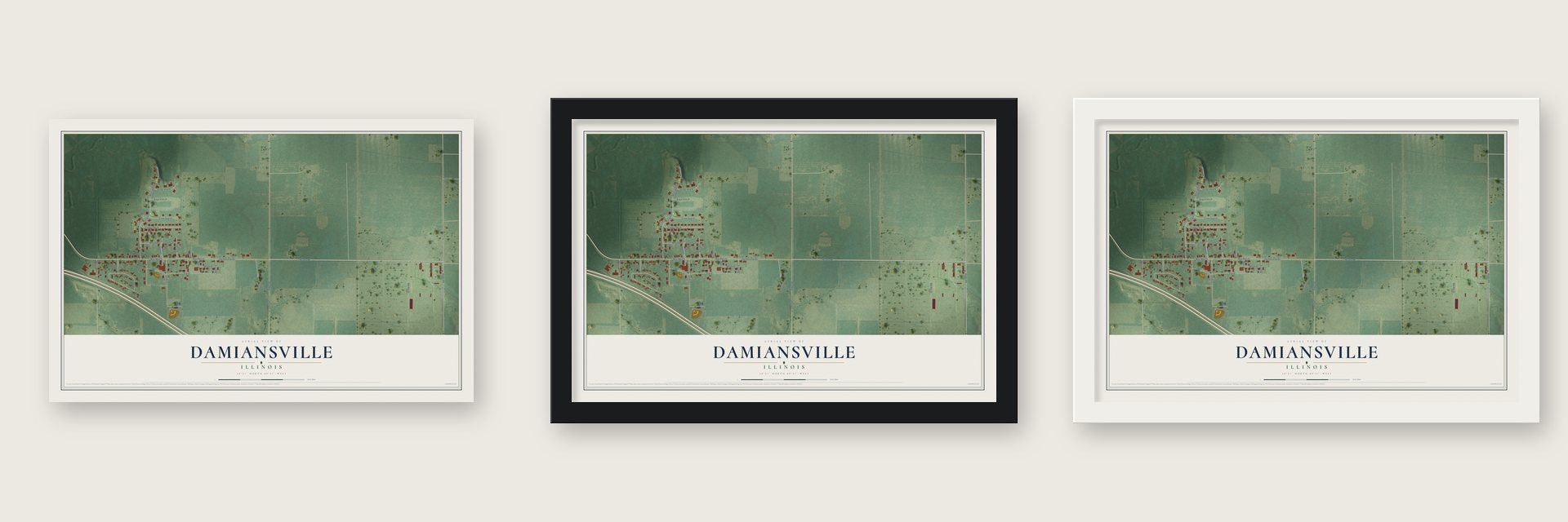 Damiansville, Illinois map unframed, in a black wood frame and in a white wood frame