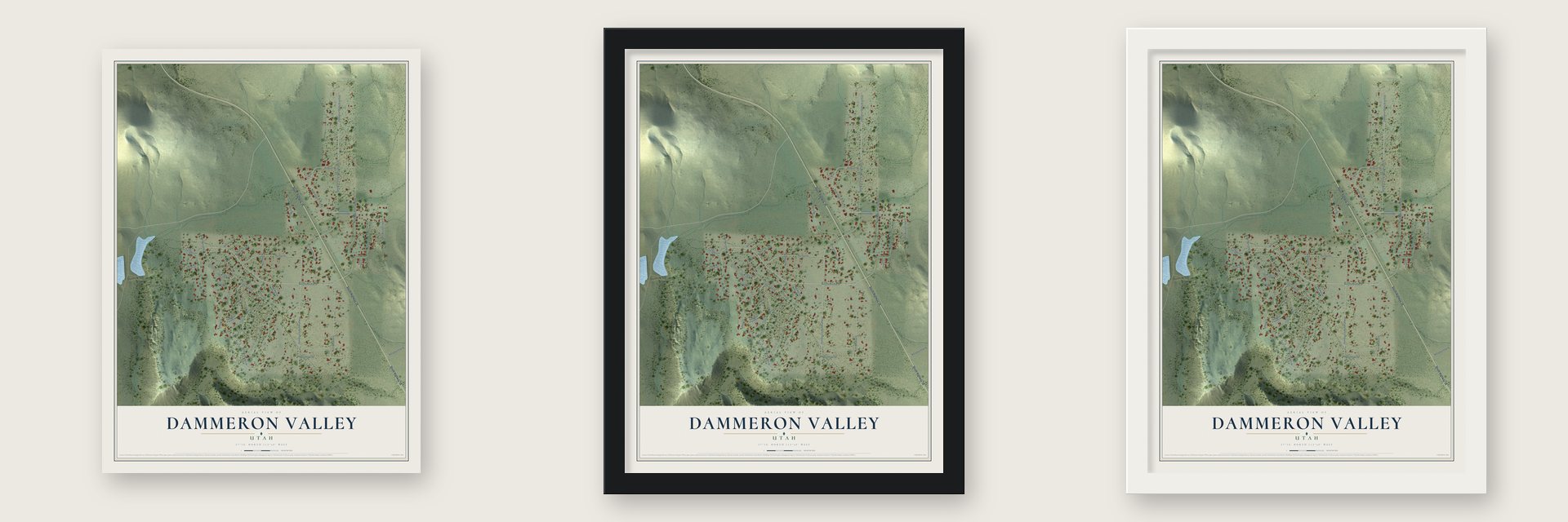 Dammeron Valley, Utah map unframed, in a black wood frame and in a white wood frame