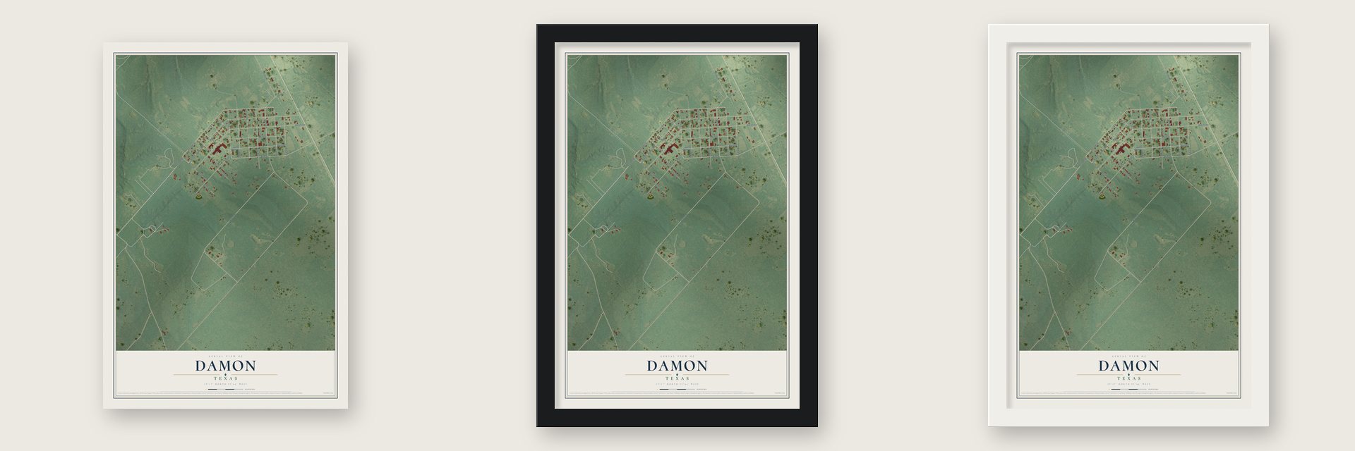 Damon, Texas map unframed, in a black wood frame and in a white wood frame