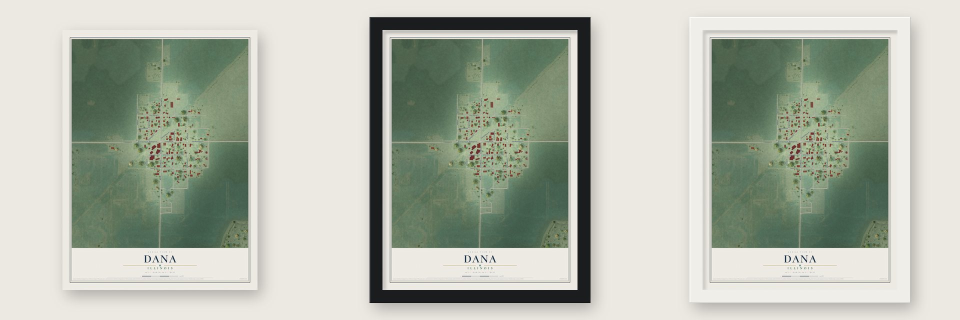 Dana, Illinois map unframed, in a black wood frame and in a white wood frame