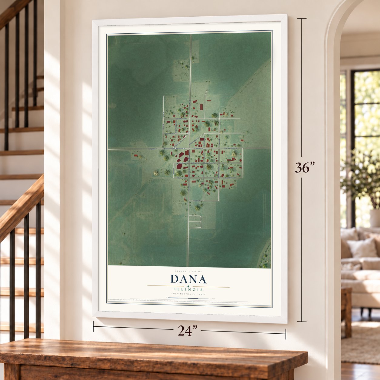 Dana, Illinois map, 24 x 36 inch print in a white frame by a staircase