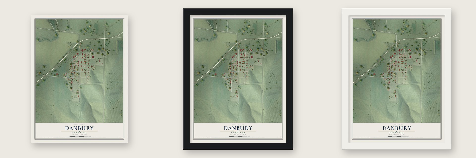 Danbury, Nebraska map unframed, in a black wood frame and in a white wood frame