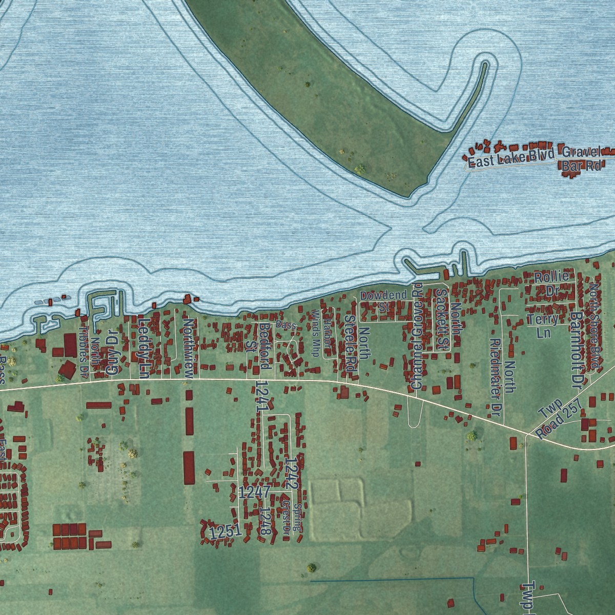 Second close-up of the map of Danbury, Ohio print showing more streets and buildings
