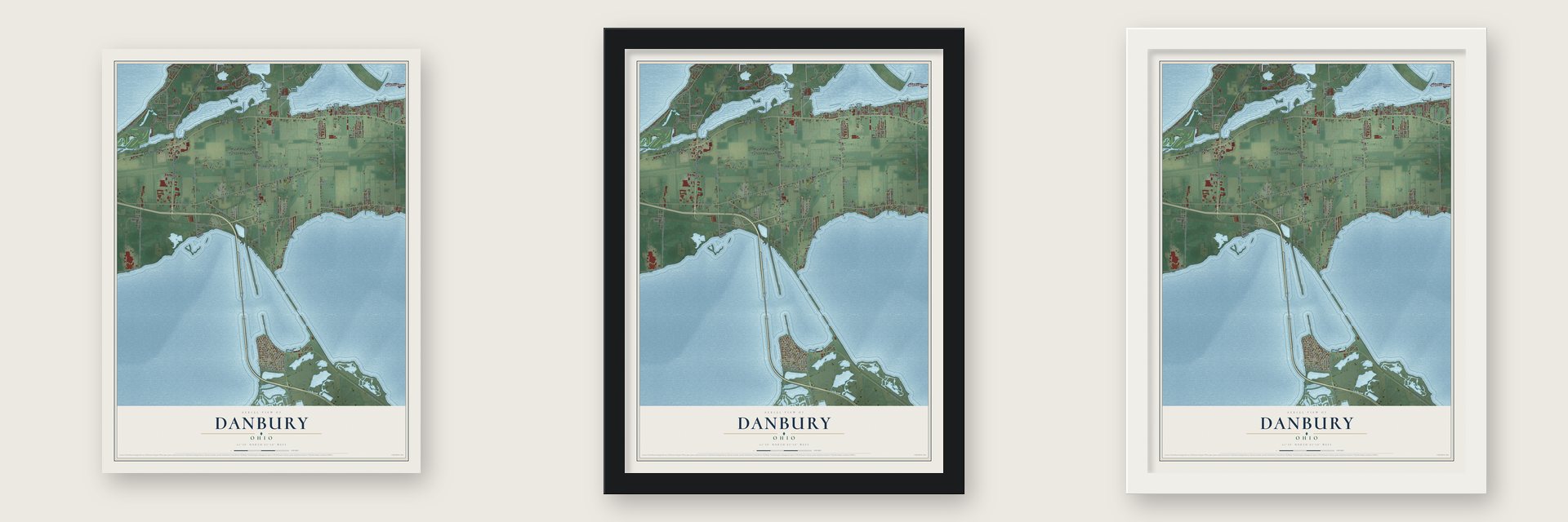 Danbury, Ohio map unframed, in a black wood frame and in a white wood frame