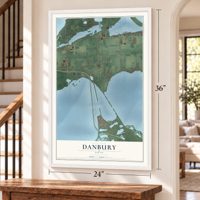 Danbury, Ohio map, 24 x 36 inch print in a white frame by a staircase