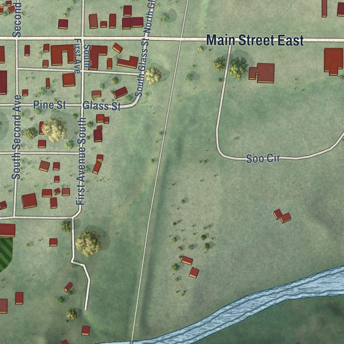 Second close-up of the map of Danbury, Wisconsin print showing more streets and buildings