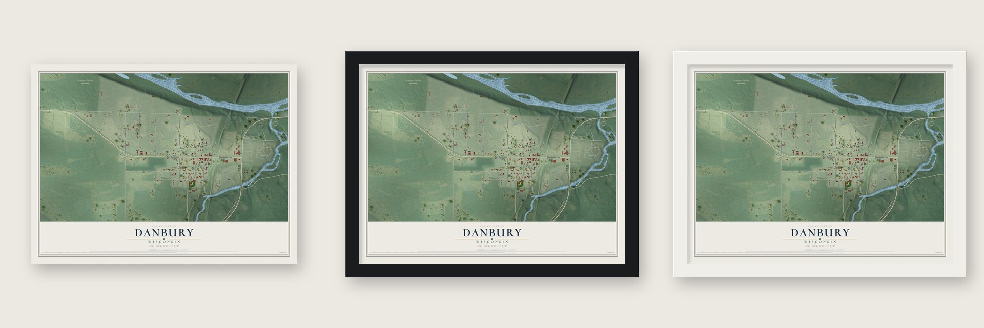 Danbury, Wisconsin map unframed, in a black wood frame and in a white wood frame