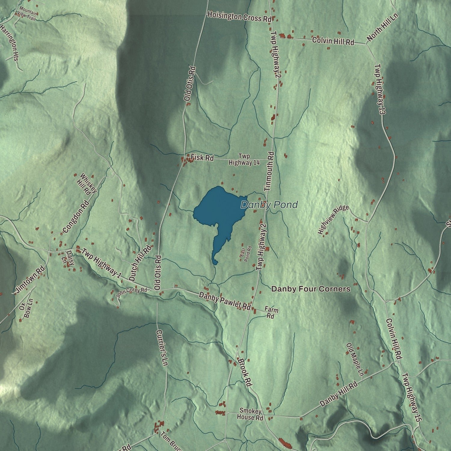 Close-up of the map of Danby, Vermont print showing terrain and local geography