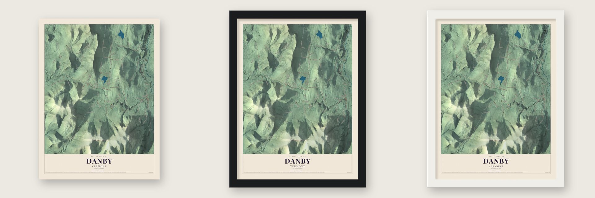 Danby, Vermont map unframed, in a black wood frame and in a white wood frame