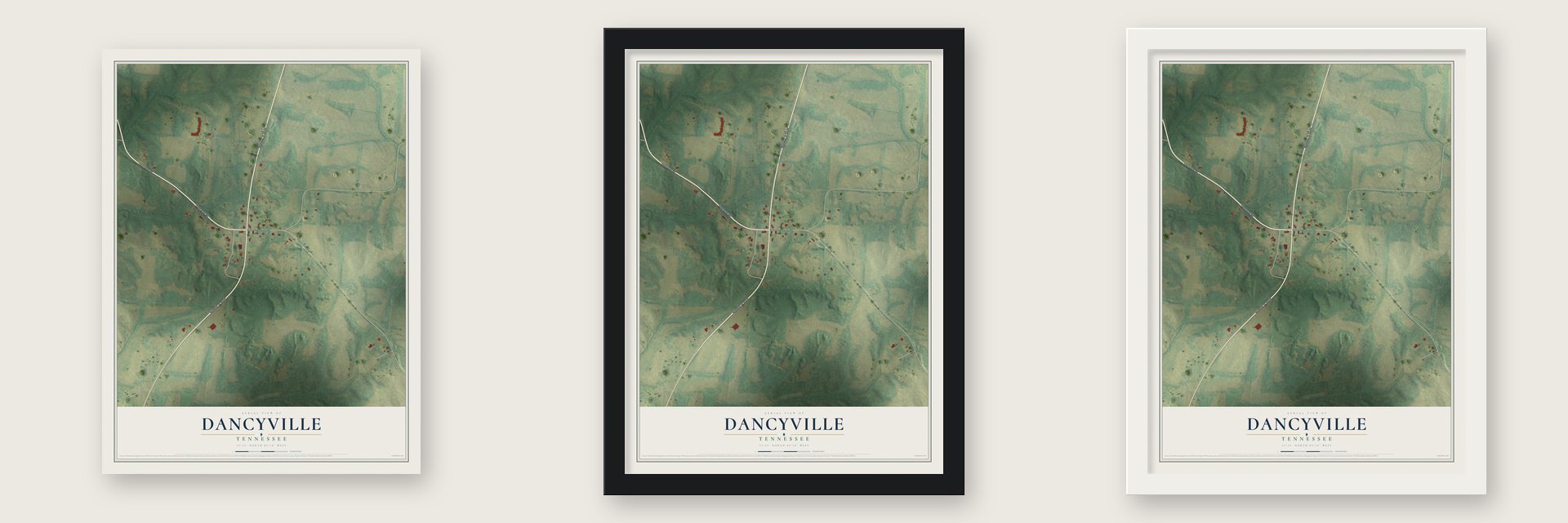 Dancyville, Tennessee map unframed, in a black wood frame and in a white wood frame