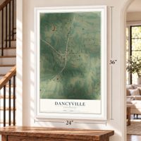 Dancyville, Tennessee map, 24 x 36 inch print in a white frame by a staircase