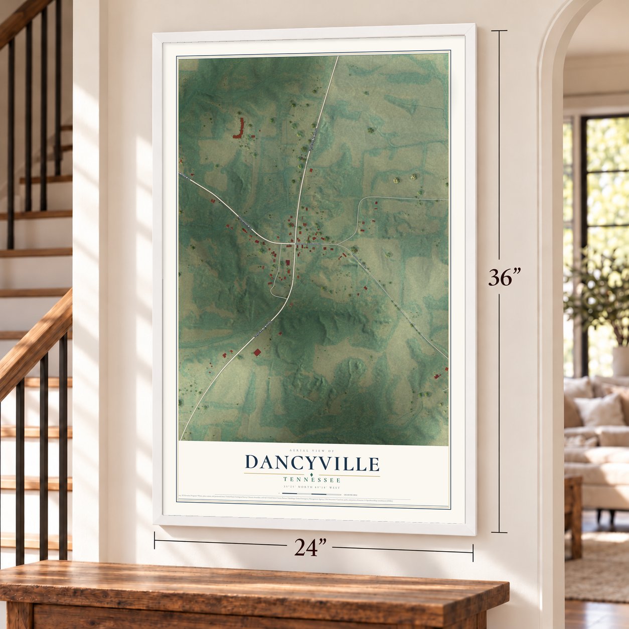 Dancyville, Tennessee map, 24 x 36 inch print in a white frame by a staircase