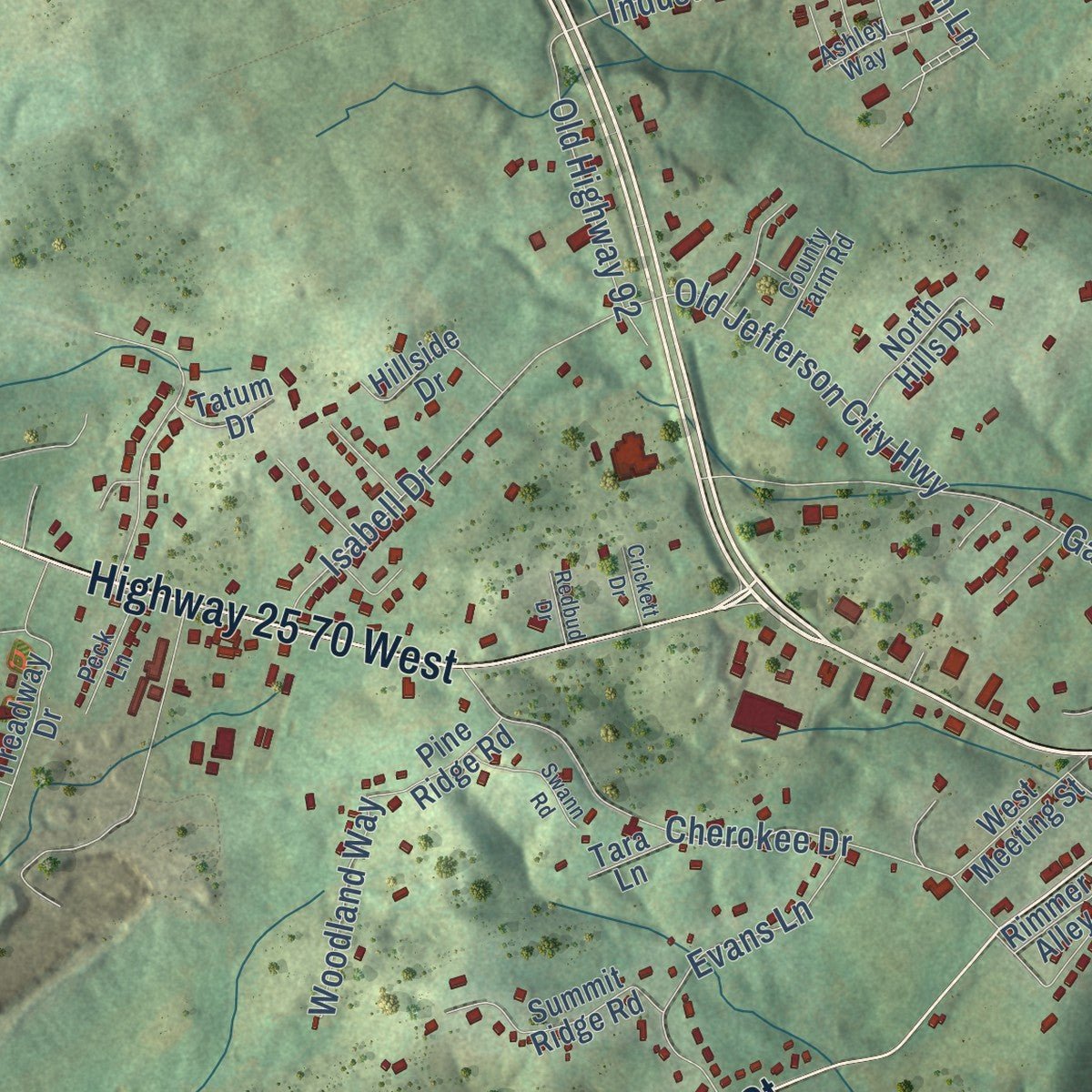 Second close-up of the map of Dandridge, Tennessee print showing more streets and buildings