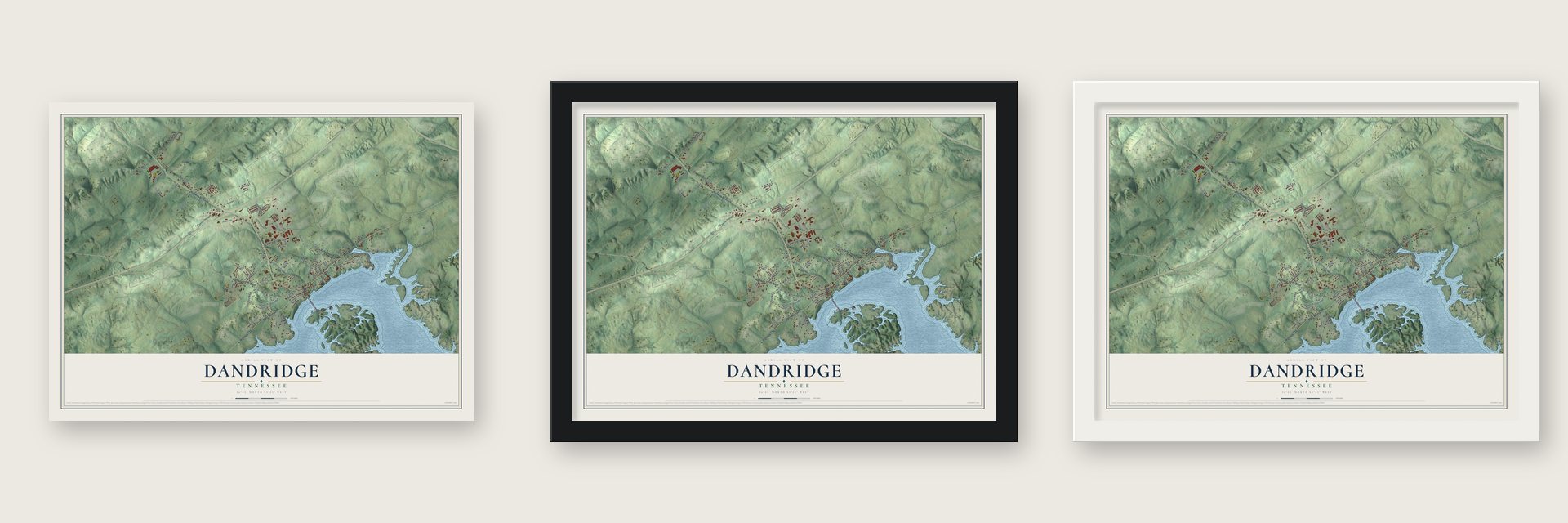 Dandridge, Tennessee map unframed, in a black wood frame and in a white wood frame