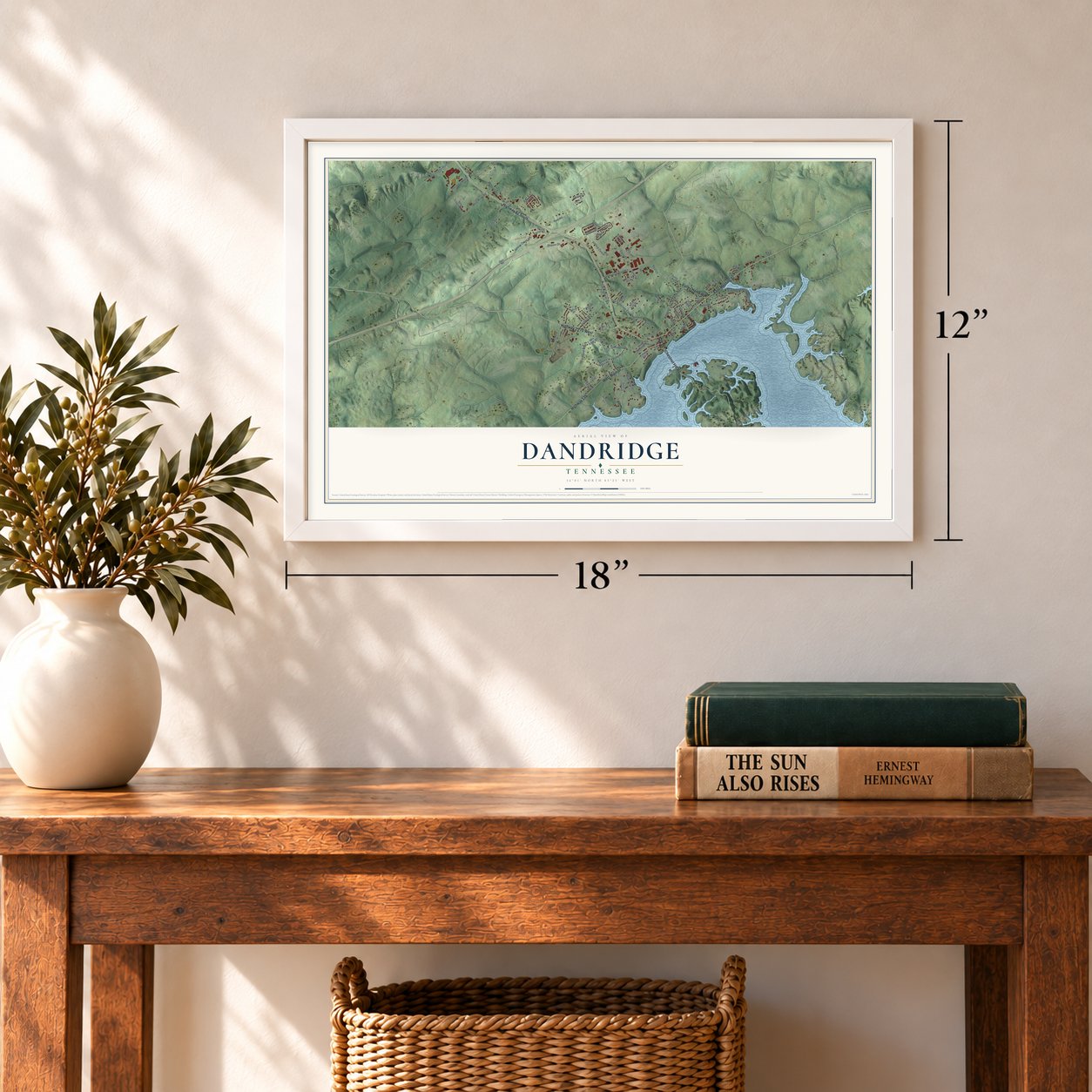 Dandridge, Tennessee map, 12 x 18 inch print in a white frame in an entryway